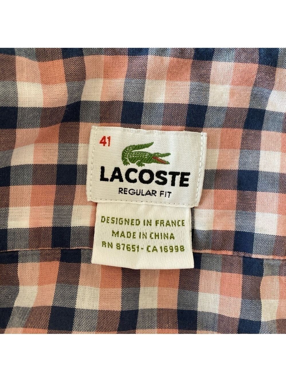 Lacoste Regular Fit Long Sleeve Lightweight Button Shirt Gingham Sz 41 (M-L) - Picture 6 of 11